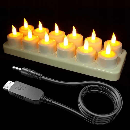 Sada znovu nabíjateľných LED sviečok, 12 kusov, s dobíjacou stanicou a USB káblom